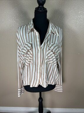 Express Brown & White Striped Double Pocket Crop Shirt XL
